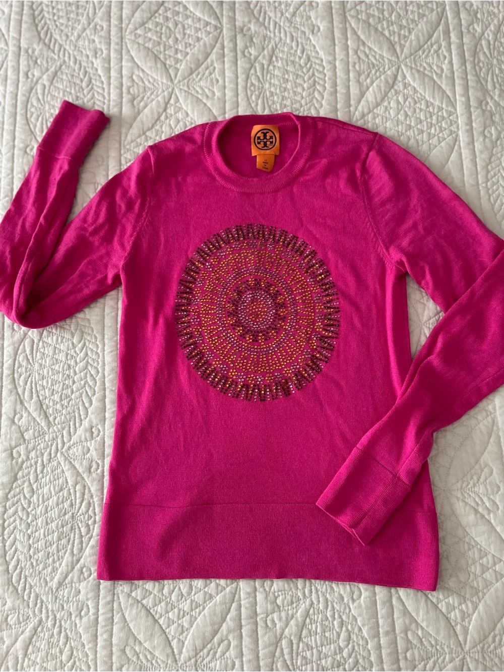 Tory Burch Vibrant Pink Jeweled Embellished 100% WOOL Crewneck Sweater FLAW XS